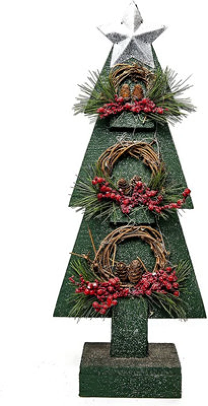 Image of Shatchi Christmas Decoration Gift Battery Operated Green Tree Tabletop Decorated with Berries, Pines and Small Warm White Bulbs Green