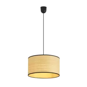 image of Aston Black Rattan Desing Cylindrical Pendant Ceiling Light with Brown Fabric Shades, 1x E27