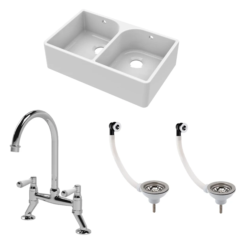 Image of Balterley Fireclay 2 Bowl Full Weir Butler Sink Wastes Tap 795mm Silver