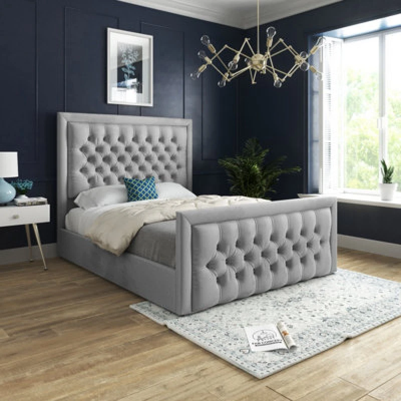 Image of Ds Living Kingston Upholstered Soft Grey Plush Velvet Single Size Bed Frame 3ft