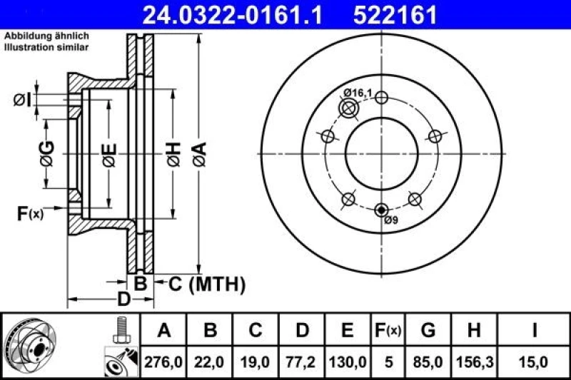 Image of ATE 24.0322-0161.1 Brake disc Vented, Coated, Alloyed/High-carbon, with bolts/screws Brake Disc (82)
