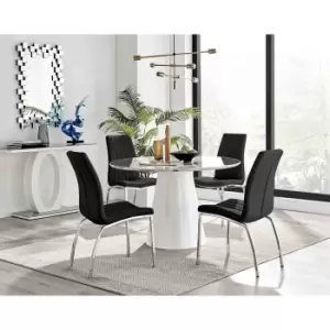 Image of Furniture Box Palma White Marble Effect Round Dining Table and 4 Black Isco Chairs