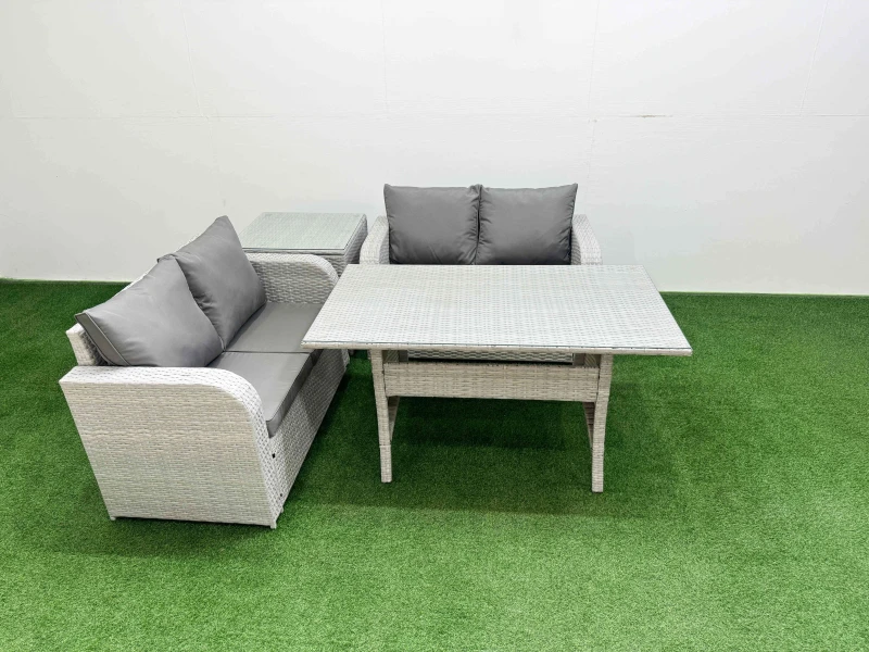 Image of Fimous 4 Seater Outdoor Love Sofa Set Rattan Garden Furniture Set with Rectangular Dining Table Side Table Light Grey Light Grey