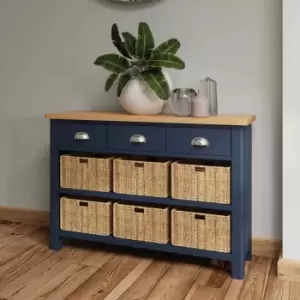 image of Rye Two Tone Oak & Blue 9 Drawer Hallway/Bathroom Storage Unit With Wicker Baskets