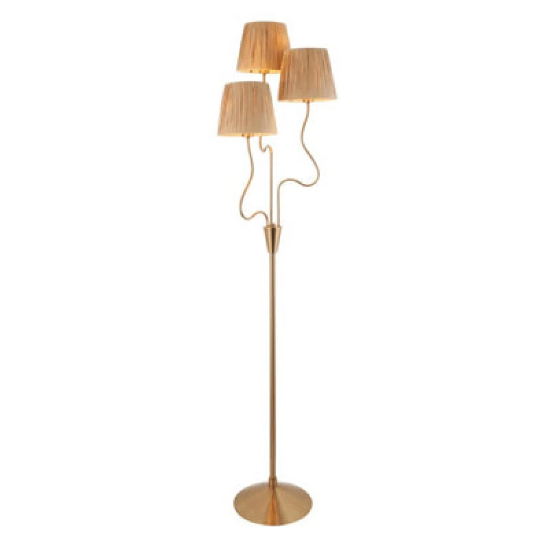 Image of Wriggle Multi Arm Floor Lamp Brushed Aged Brass Plate, Natural Raffia, 3x E14