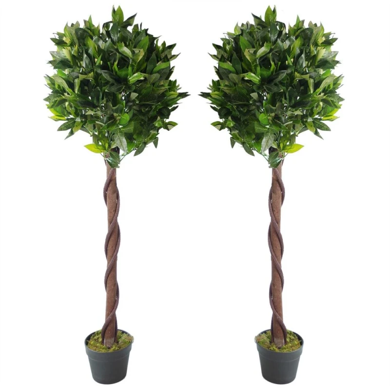 Image of Leaf Pair of 120cm (4ft) Twisted Stem Artificial Topiary Bay Laurel Ball Trees Green