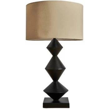 image of Black Distressed Table Lamp Light + Reni Drum Shade - Beige - No Bulb