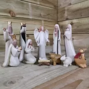 image of 20cm Tall 11 Piece Luxury Festive White Wood Effect Christmas Nativity Scene Set