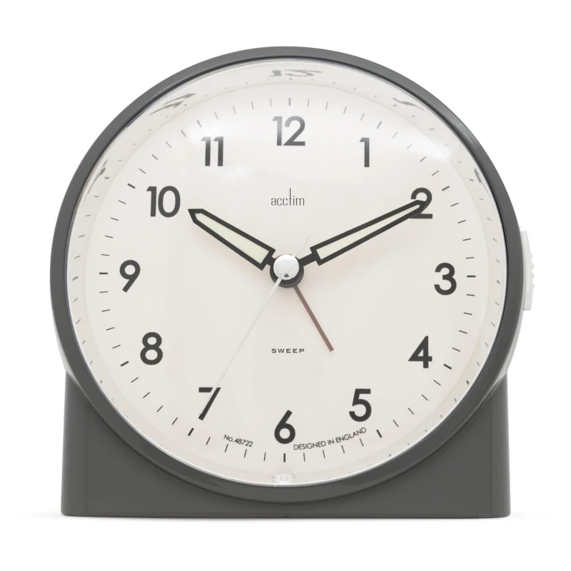 Image of Acctim Arlo Non-Ticking Sweep Luminous Tipped Hands Analogue Backlight Alarm Clock in Grey Grey Unisex