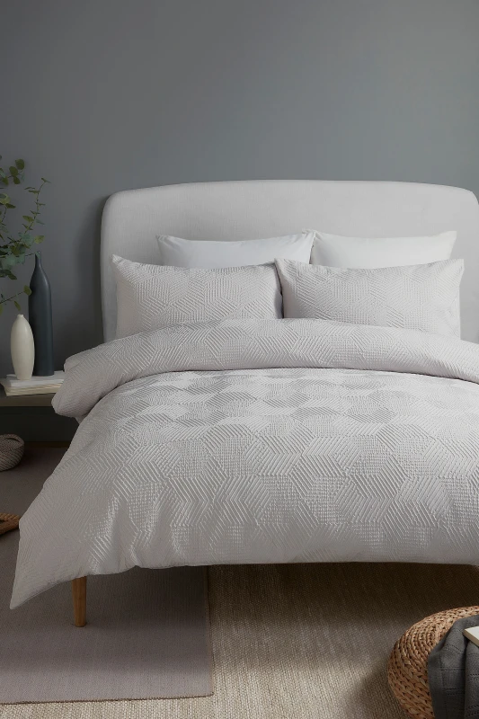 Image of Serene Embossed Geo Duvet Cover Bedding Set Grey