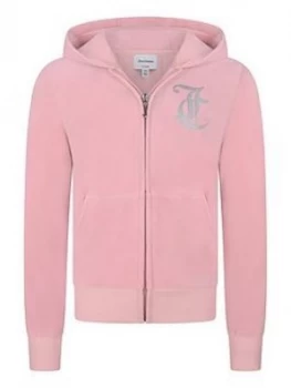 image of Juicy Couture Girls Luxe Velour Diamante Zip Through Hoodie - Pink