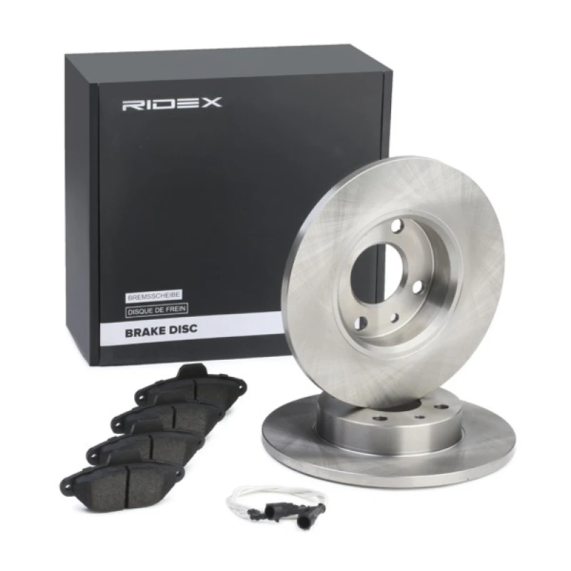 Image of RIDEX 3405B0042 Brake disc and pads set Front Axle, Brake Disc Type: Solid, incl. wear warning contact Brake Set,disc brakes (3405)