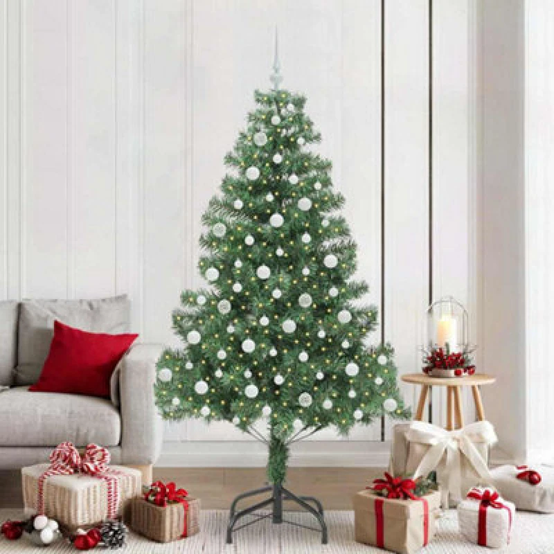Image of vidaXL Christmas Tree with 300 LEDs, White Balls with Stand Green 210cm PVC, Green 3396392