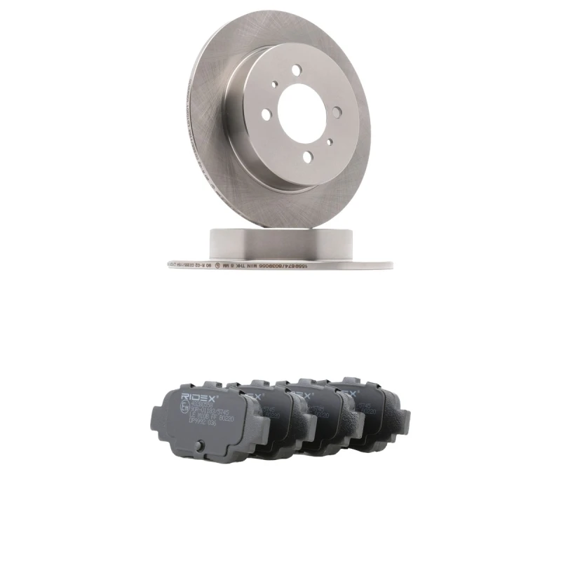 Image of RIDEX 3405B1895 Brake disc and pads set Rear Axle, Brake Disc Type: Solid, excl. wear warning contact Brake Set,disc brakes (3405)