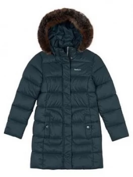 Image of Barbour Girls Bridled Quilt Faux Fur Hooded Coat - Green