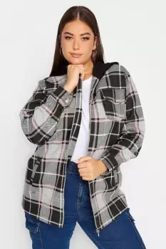 Image of YOURS Curve Black & Pink Check Hooded Shacket