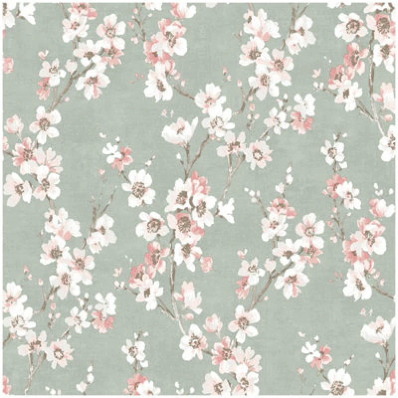 Image of Muriva Melody Floral Wallpaper Sage Green Pink Blossoms Flowers Botanical Natural