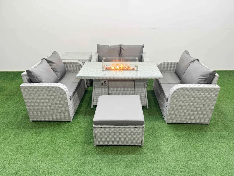 Image of Fimous 7 Seater PE Wicker Rattan Furniture Sofa Sets with Firepit Dining Table 2 Seater Love Sofa Big Footstool Side Table Light Grey Light Grey