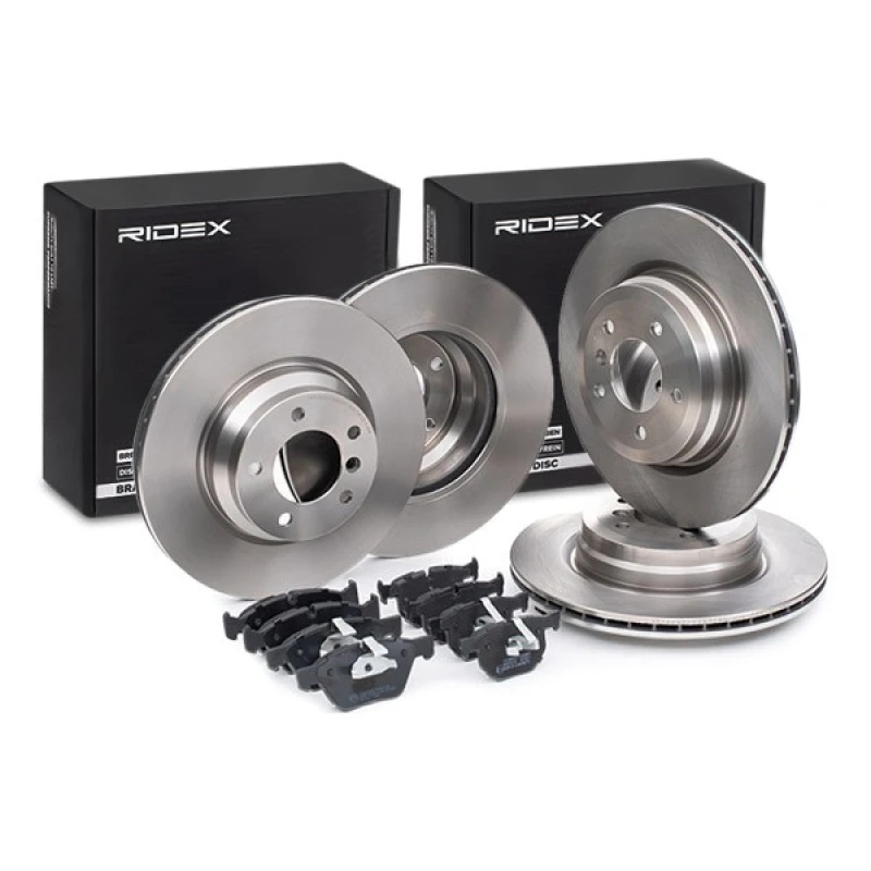 Image of RIDEX 3405B0505 Brake disc and pads set without accessories, Rear Axle, Brake Disc Type: internally vented, excl. wear warning contact, with piston cl