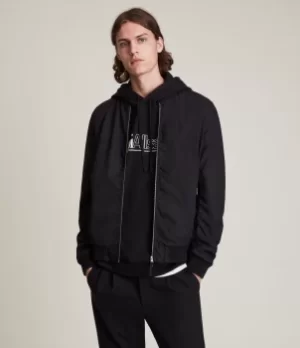 image of AllSaints Mens Regular Fit Cotton Medium Bassett Bomber Jacket, Black, Size: XS