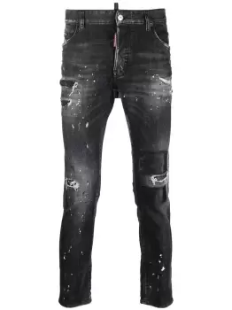 Image of DSQUARED2 Ripped Leather Patch Skater Jeans Black