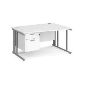 image of Office Desk Right Hand Wave Desk 1400mm With Pedestal White Top With Silver Frame Maestro 25 MCM14WRP2SWH