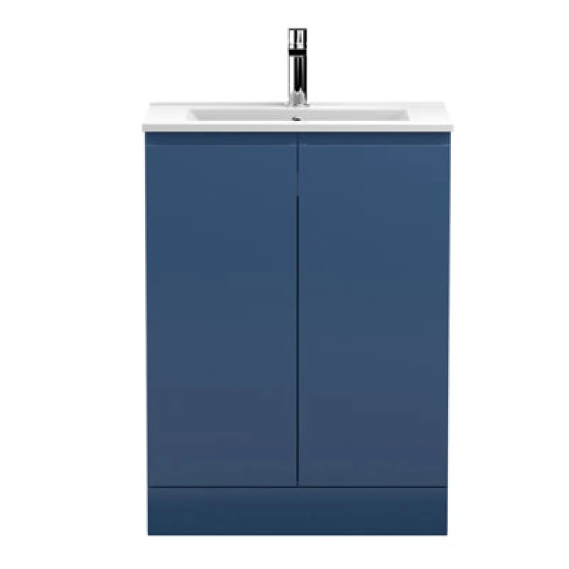 Image of Nuie Hudson Reed Urban Floor Standing 2 Soft Close Door Vanity Unit With Minimalist Basin, Modern Vanity Unit In Satin Blue, 600mm