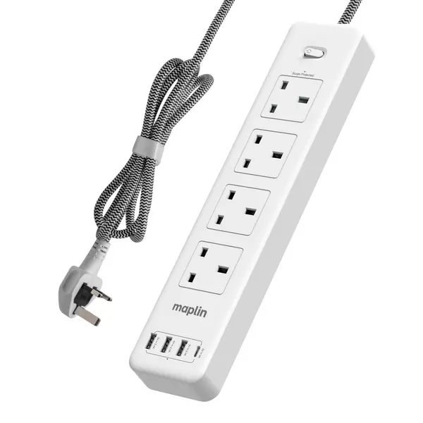 Image of Maplin Maplin 2m 4-Socket UK Power Switch Extension Lead with 3x USB-A / 1x USB-C Ports SL-804KD-3A1C