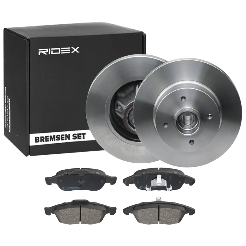 Image of RIDEX 3405B1164 Brake disc and pads set Front Axle, Brake Disc Type: Solid, not prepared for wear warning indicator Brake Set,disc brakes (3405)