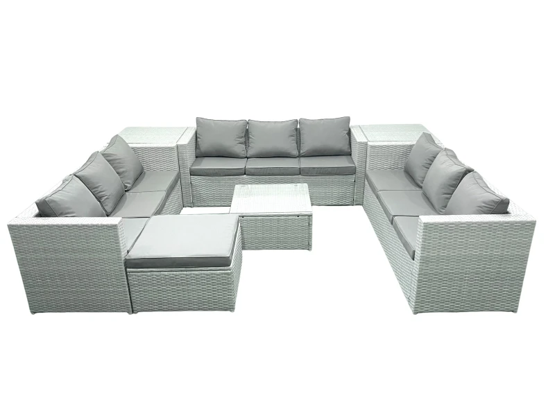 Image of Fimous Rattan Garden Outdoor Furniture Set 10 Seater Rattan Garden Sofa Set with Big Footstool 2 Side Tables Light Grey Mixed Light Grey
