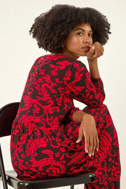Image of Roman Paisley Print Pocket Midi Stretch Dress Red