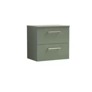 image of Nuie Arno 600mm Wall Hung 2 Drawer Vanity & Worktop Satin Green