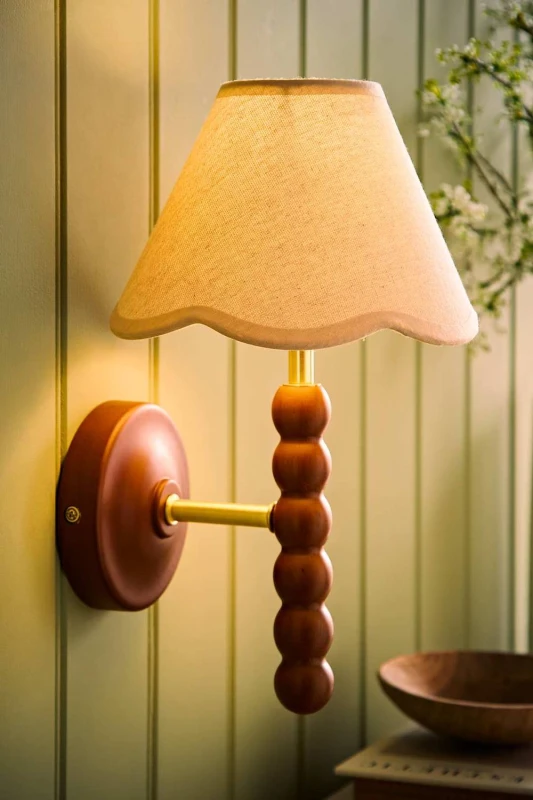 Image of ValueLights Bobbins Walnut Bobble Wall Light & Linen Trim Lamp Shade & Bulb in Natural Natural Unisex