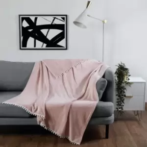 Image of Dreamscene Ultra Soft Flannel Fleece Pom Pom Throw Blanket Blush 150 X 200Cm