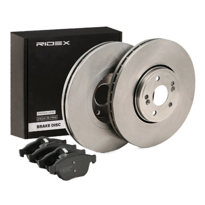 Image of RIDEX 3405B1302 Brake disc and pads set Front Axle, Brake Disc Type: Vented, without integrated wear sensor, with piston clip Brake Set,disc brakes (