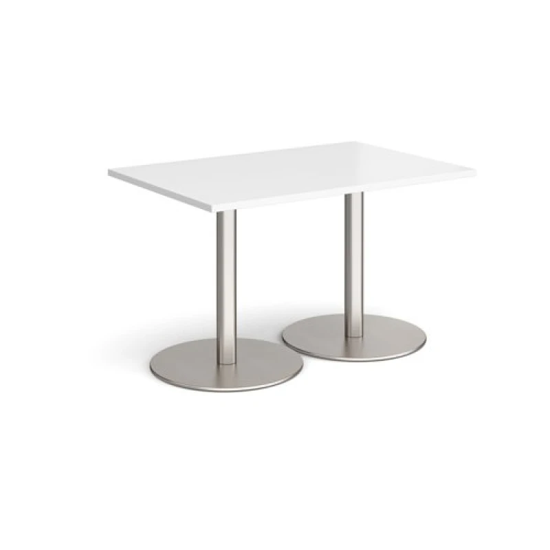 Image of Monza Rectangular Cafe and Bistro Dining Table with Flat Round Brushed Steel Base - Top 1200mm x 800mm - White