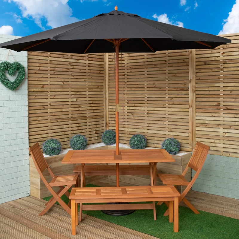 Image of Outdoor 6 Person Rectangular Wooden Garden Dining Table, 2 Benches, Chairs with Black Parasol and Base Set