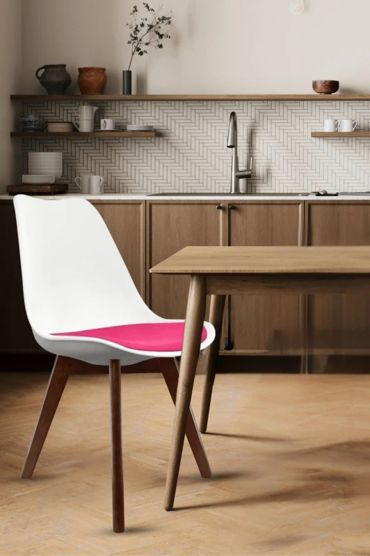 Image of Fusion Living Soho Plastic Dining Chair With Squared Dark Wood Legs White & Bright Pink FL1843