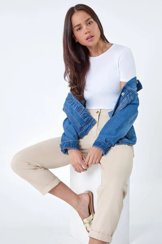 Image of Roman Womens Petite Cotton Blend Stretch Chino Trousers in Stone Size: 12 Stone Female 12
