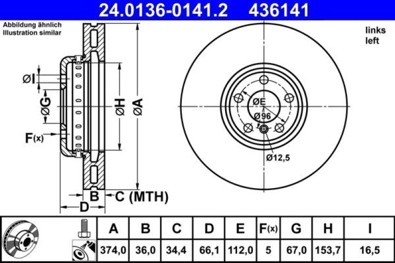 Image of Brake disc ATE 24.0136-0141.2