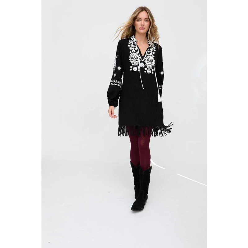 Image of Raffya Raffya Katie Fringe Embroidered Mini Dress in Black female 8 (XS)