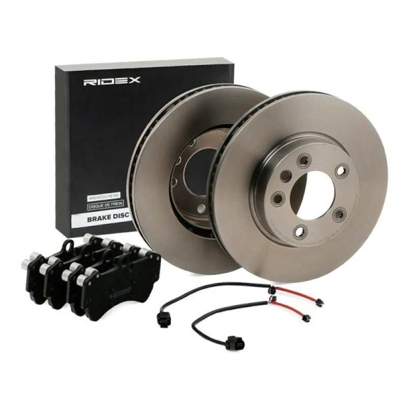 Image of RIDEX 3405B0470 Brake disc and pads set Front Axle, Brake Disc Type: Vented, prepared for wear warning indicator, with anti-squeak plate Brake Set,di