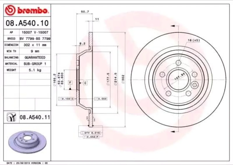 Image of BREMBO 08.A540.10 Brake disc PRIME LINE solid Brake Disc (82)