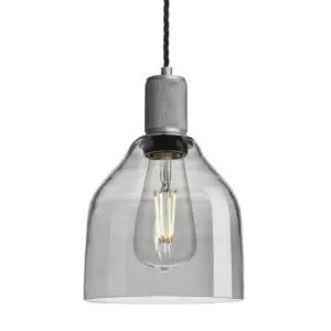 image of Industville Knurled Tinted Glass Cone Pendant Light in Smoke Grey with Pewter Holder