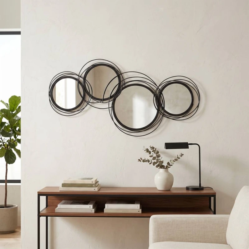 Image of HOMCOM Metal Wall Art Decorative Mirror Decor Modern Wall Sculpture, Black Unisex