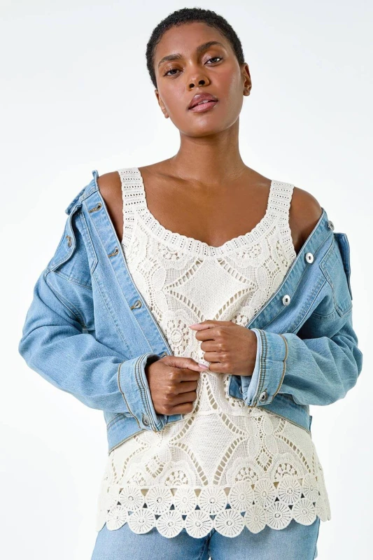 Image of Roman Womens Cotton Crochet Knit Vest Top in Natural Size: 14 Natural Female 14