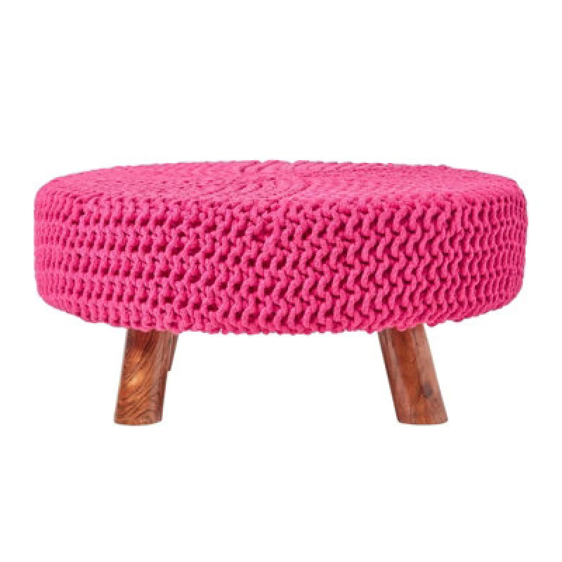 Image of Homescapes Large Round Cotton Knitted Footstool on Legs Pink