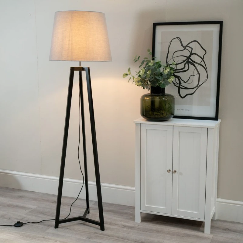 Image of ValueLights Lottie Black Wood Tripod Floor Lamp with Fabric Tapered Shade Grey