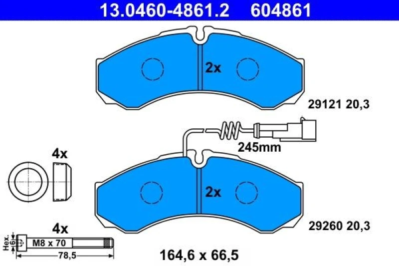 Image of ATE 13.0460-4861.2 Brake pad set incl. wear warning contact, with accessories, with brake caliper screws Brake Pad Set,disc brake (402)