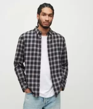 Image of AllSaints Mens Linto Check Ramskull Shirt, Smoke Grey, Size: L